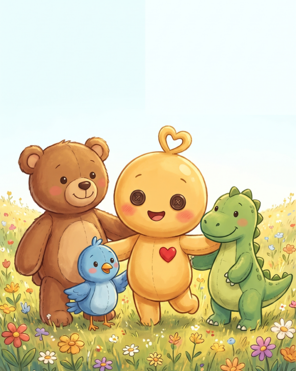 Alle sind anders Hamimi steht Arm in Arm mit einem Baeren, einem blauen Vogel und einem gruenen Dino auf einer Blumenwiese