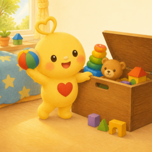 Hamimi raeumt in einem Kinderzimmer buntes Spielzeug in eine Holzkiste und haelt einen Ball hoch